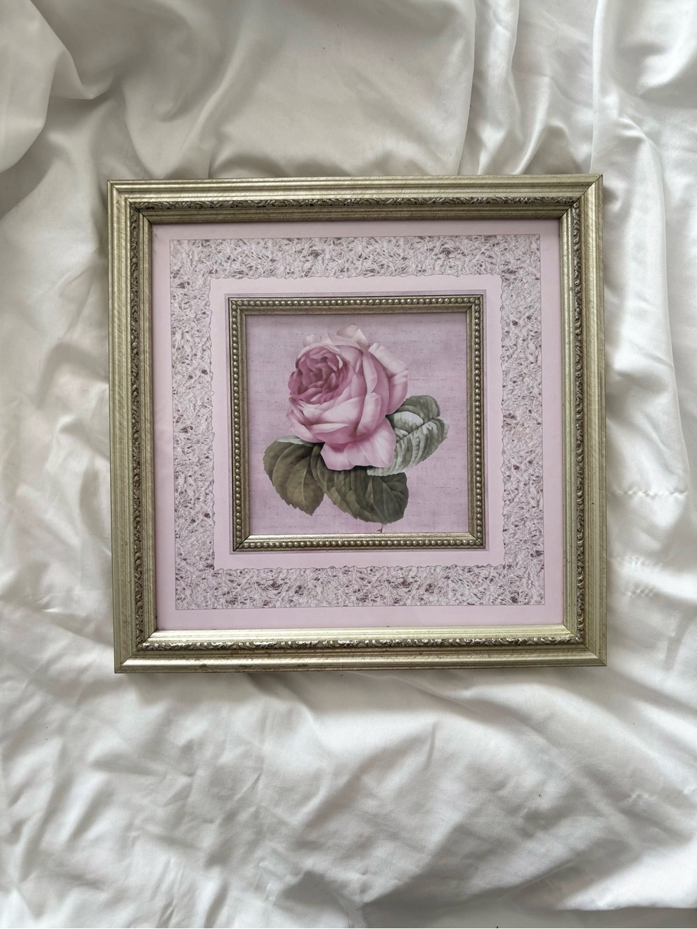 Vintage 90s pink rose flower art print framed home decor wall hanging silver Y2K